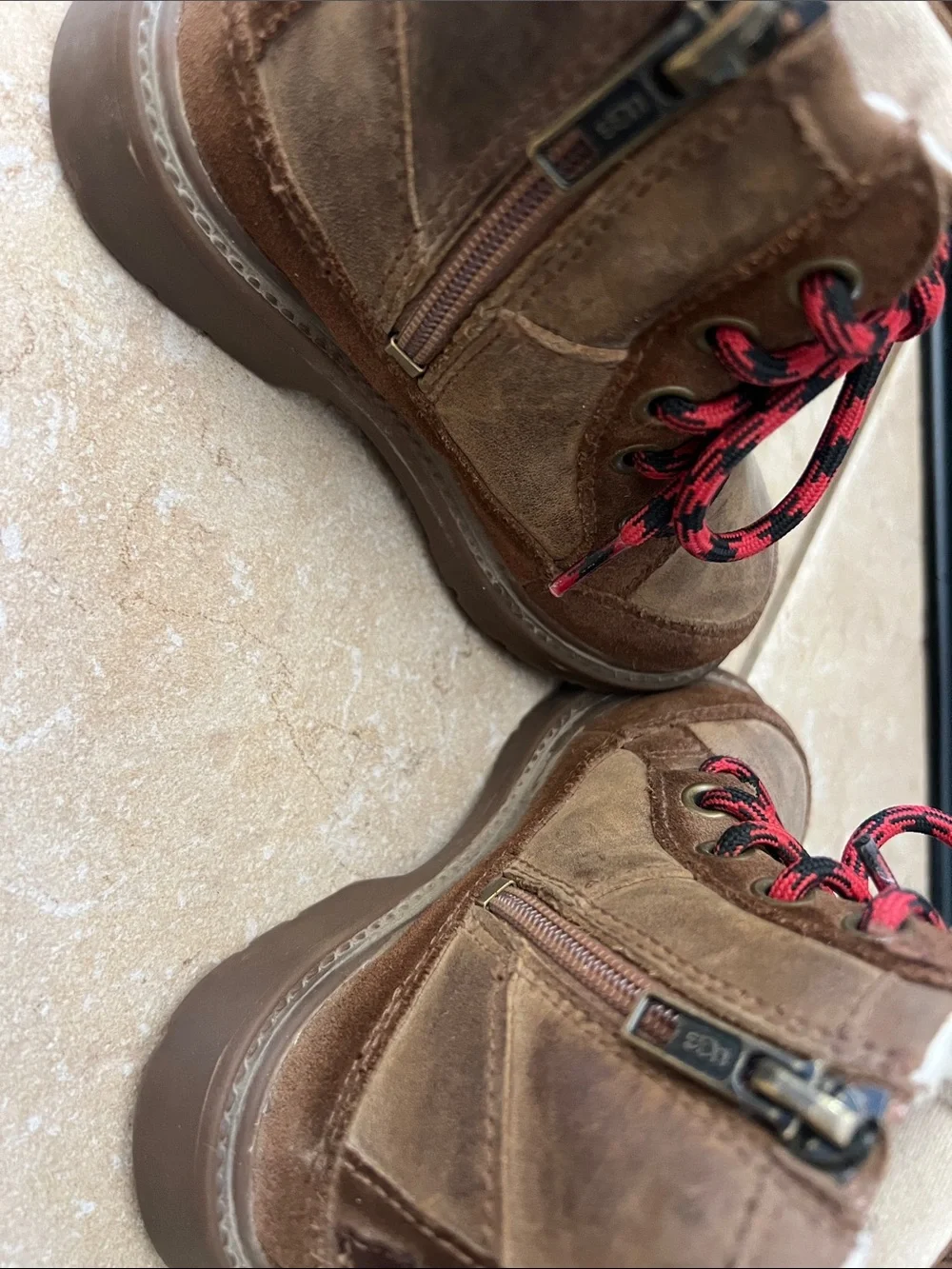 UGG Brown Kids High-Top Boots with Red & Black Laces